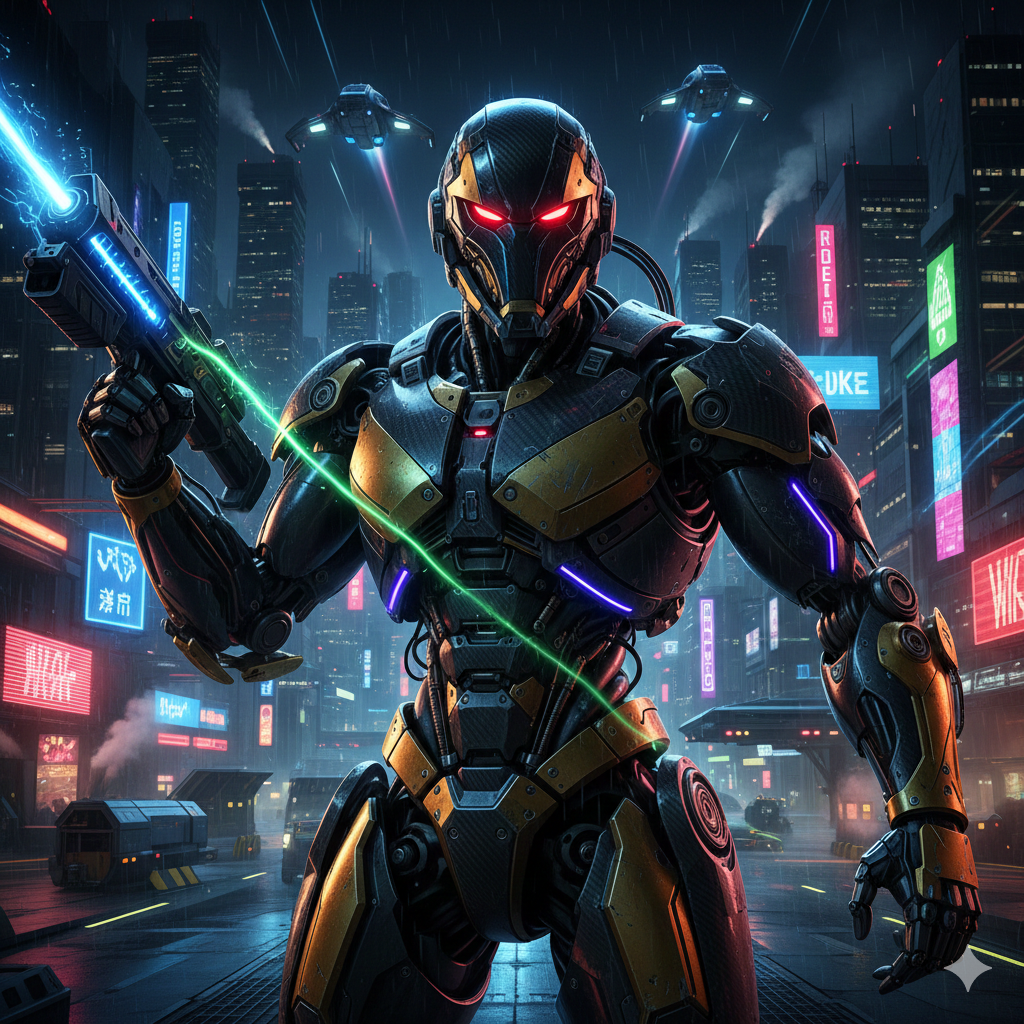 High Tech Robot Soldier with Black Gold Mask and Glowing Weapon