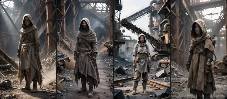 Wasteland-style Asian girl in rough, worn linen, hooded and masked